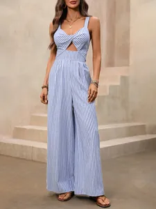 Women's blue striped V-neck jumpsuit with waist cutout and high-waist wide-leg fit