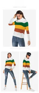 Detailaufnahmen des bunten Streifenpullovers mit grün-braunen Strickmustern und Rollkragen
