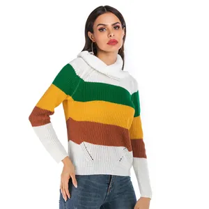 Damen Farbblock Gestreifter Rollkragenpullover Lockerer Strickpullover Langarm Baumwollmischung Casual Herbst Winter Top