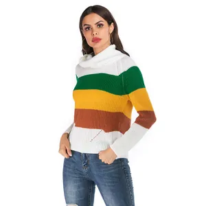 Schicker Rollkragenpullover mit Streifen in Weiß Grün Gelb und Braun für Damen