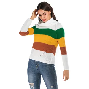 Damen Rollkragenpullover mit Streifenmuster und langen Ärmeln in bunten Farben