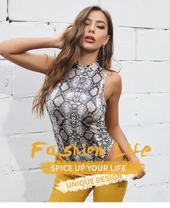 Close-up of sleeveless mock neck bodysuit featuring realistic snakeskin print texture