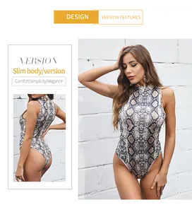 Detail of slim fit sleeveless bodysuit featuring realistic snakeskin animal print pattern