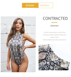 Detail view of snakeskin print bodysuit featuring a high neck and sleeveless slim fit