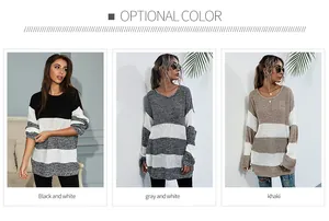 Dettaglio della maglia del maglione a righe oversize nei colori nero, grigio e kaki