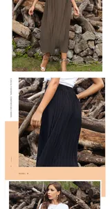 Detail of high waisted pleated maxi skirt in dark brown and black casual style