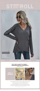 Detail of grey waffle knit long sleeve top with wrap V-neck and textured fabric