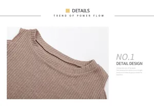 Detail of round neckline and vertical ribbed texture on coffee brown knit sweater