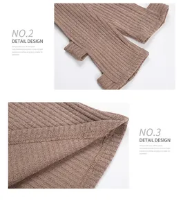 Detail of premium ribbed knitting pattern and reinforced hem stitching on brown sweater