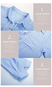 Detail view of the lace-up collar, chest pocket and button cuffs on blue striped shirt