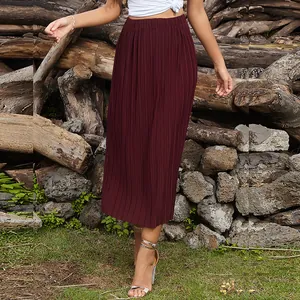 Elegant high-waisted wine red pleated midi skirt in lightweight flowy fabric