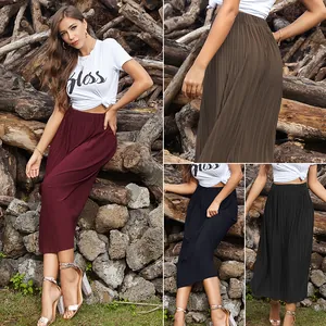 Women's pleated high waist midi skirt shown in wine red, coffee, navy, and black colors