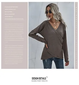 Detail of waffle knit fabric and crossover V-neck design on a long sleeve top