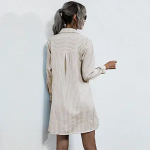 Vertical striped long sleeve loose fit shirt dress with classic turn-down collar for women