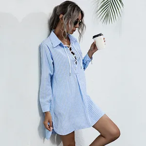 Vertical striped long sleeve shirt dress with lace-up collar and casual side slit style