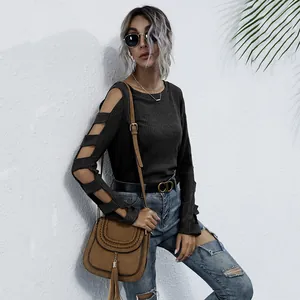 Slim fit dark grey knit sweater with hollow-out sleeve design and round neckline