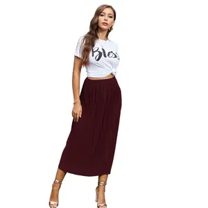 Women's summer fashion set with white Bless t-shirt and wine red high waist pleated skirt
