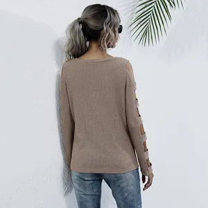 Slim fit hollowed-out sleeve knit top in khaki with ribbed texture for women