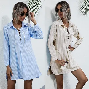 Women's striped long sleeve lace-up shirt dress with lapel collar and side slits