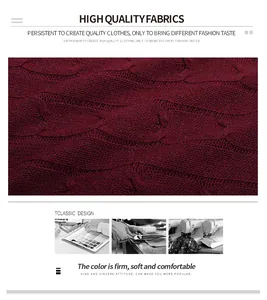 Détail du tricot torsadé du pull rouge foncé avec icônes montrant le processus de couture