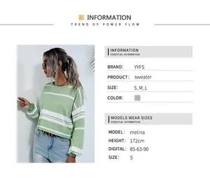 Detail of light green striped knit sweater showing size guide and model measurements