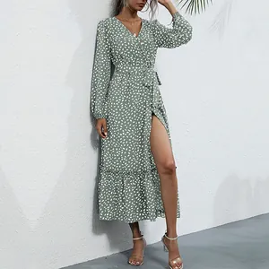 Robe Maxi à Pois pour Femmes Col en V Vintage Français Manches Longues Robe en Chiffon avec Fente et Lacet à la Taille