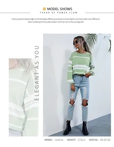 Detail of green striped knit sweater showing texture and model fit with height parameters