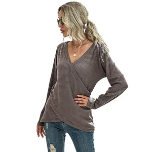 Women's V-neck waffle knit long sleeve top in mocha with wrap design and loose fit