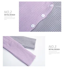 Detail view of ribbed knit texture with buttons in lavender purple and light grey shades