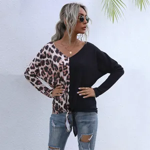 T-Shirt Décontracté pour Femmes Patchwork Imprimé Léopard Col en V Manches Longues Top en Maille Gaufre Avec Nœud à Nouer Mode