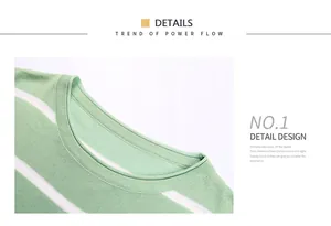 Detail of the crew neck and fine knit texture on a mint green striped sweater