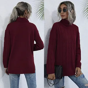 Pull Femme Décontracté à Torsades Col Roulé Pullover Fente Latérale Large Manches Longues Mélange de Coton Automne Hiver