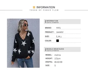 Close-up detail of V-neck knitted sweater with distressed edges and star pattern