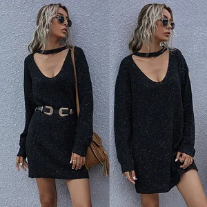 Women's deep V-neck black knit mini dress with colorful flecks and choker detail