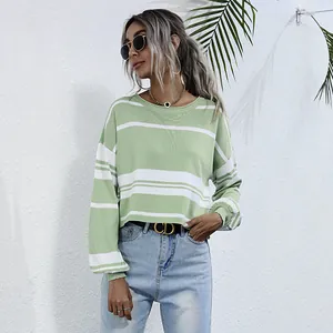 Women Striped Knit Sweater Casual Long Sleeve Pullover Round Neck Slim Fit Cotton Blend Striped Knitwear Spring Autumn Short Top