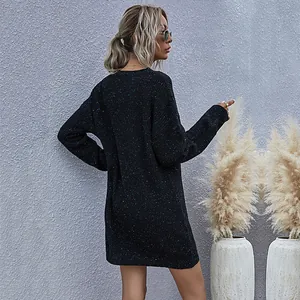 Slim fit black ribbed knit dress with colorful speckles and long sleeves for autumn style