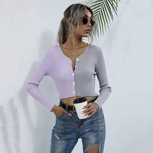 Slim fit long sleeve color block knit cardigan with V-neck and contrasting purple and grey panels