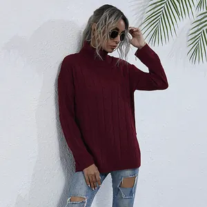 Pull col roulé bordeaux pour femme en maille torsadée avec manches longues