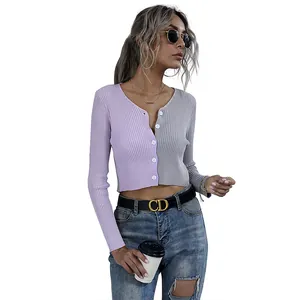 Slim fit V-neck color block knit cardigan in purple and grey with long sleeves
