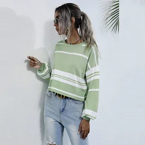 Women's green and white striped cropped knit sweater with crew neck and lantern sleeves