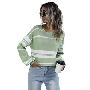 Casual light green and white striped long sleeve knit sweater for women with crew neck