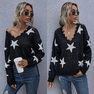 Women's V-neck black knit sweater with white stars and frayed edges in a loose fit