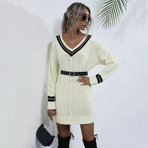 Women's V-Neck Cable Knit Sweater Dress Colorblock Trim Long Sleeve Pullover Slim Fit Elegant Casual Mini Knitwear Dress