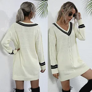 V-neck cable knit sweater dress in cream with black stripe trim, front and back views