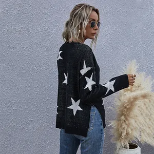 Women V-neck star pattern knit sweater in loose fit with black distressed oversized design