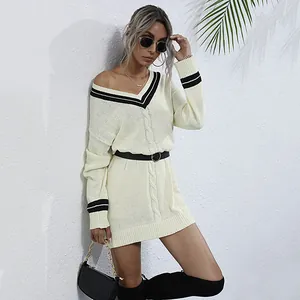 V-neck cable knit dress in cream with contrast stripes and long sleeves for a chic look