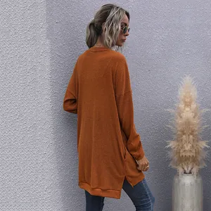 Gilet en maille côtelée orange brûlé pour femme avec col en V et manches longues