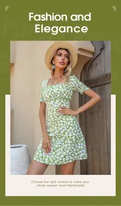 Detailed close-up of elegant French floral summer dress with square neck and puff sleeves