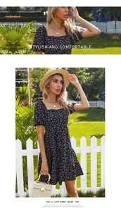 Détails de robe fleurie à manches bouffantes avec col carré et jupe à plusieurs niveaux