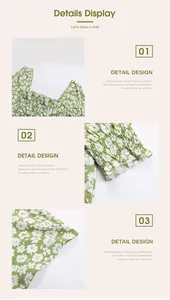 Detailed view of green floral dress featuring square neckline and smocked elastic cuffs